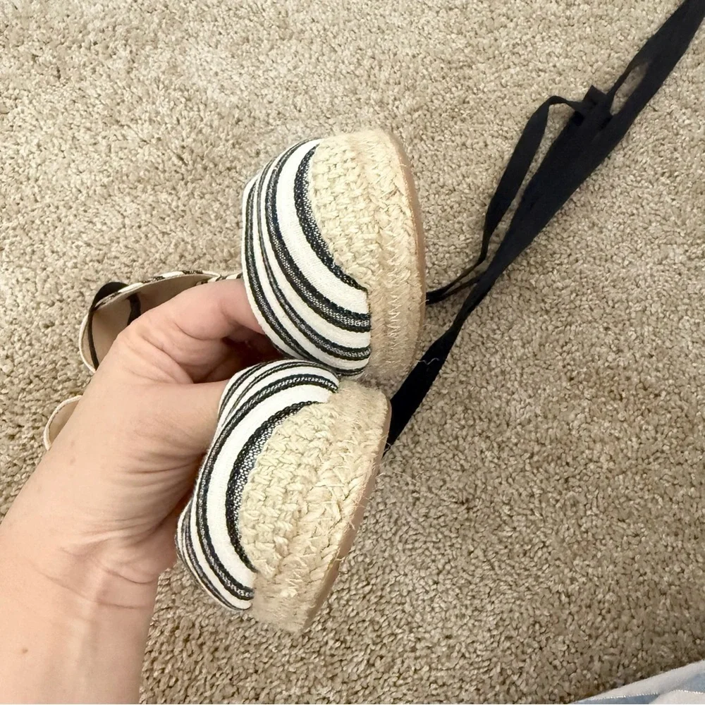 New J. Crew Size 6.5 Espadrille Wedges Ankle Wrap Black Cream Stripe Shoes
